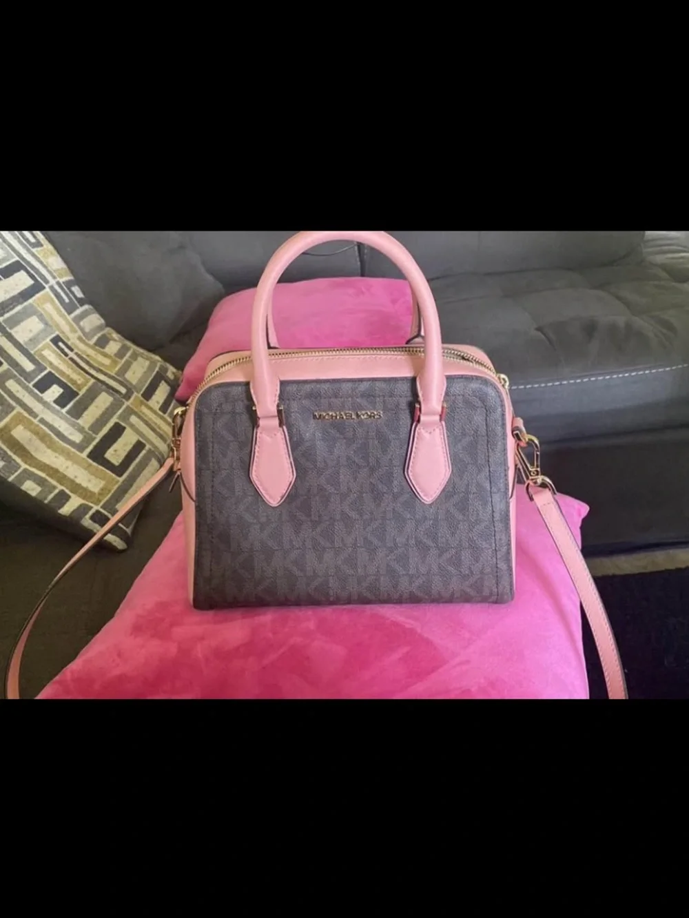Michael Kors Brown Logo Satchel with Pink Trim